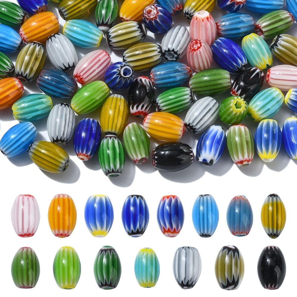 9696 90 pcs 15 Colors Millefiori Handmade Lampwork Beads Vintage Oval Rice